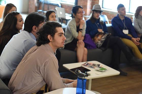 Photo of a group of Chatham University students listening to a career development presentation